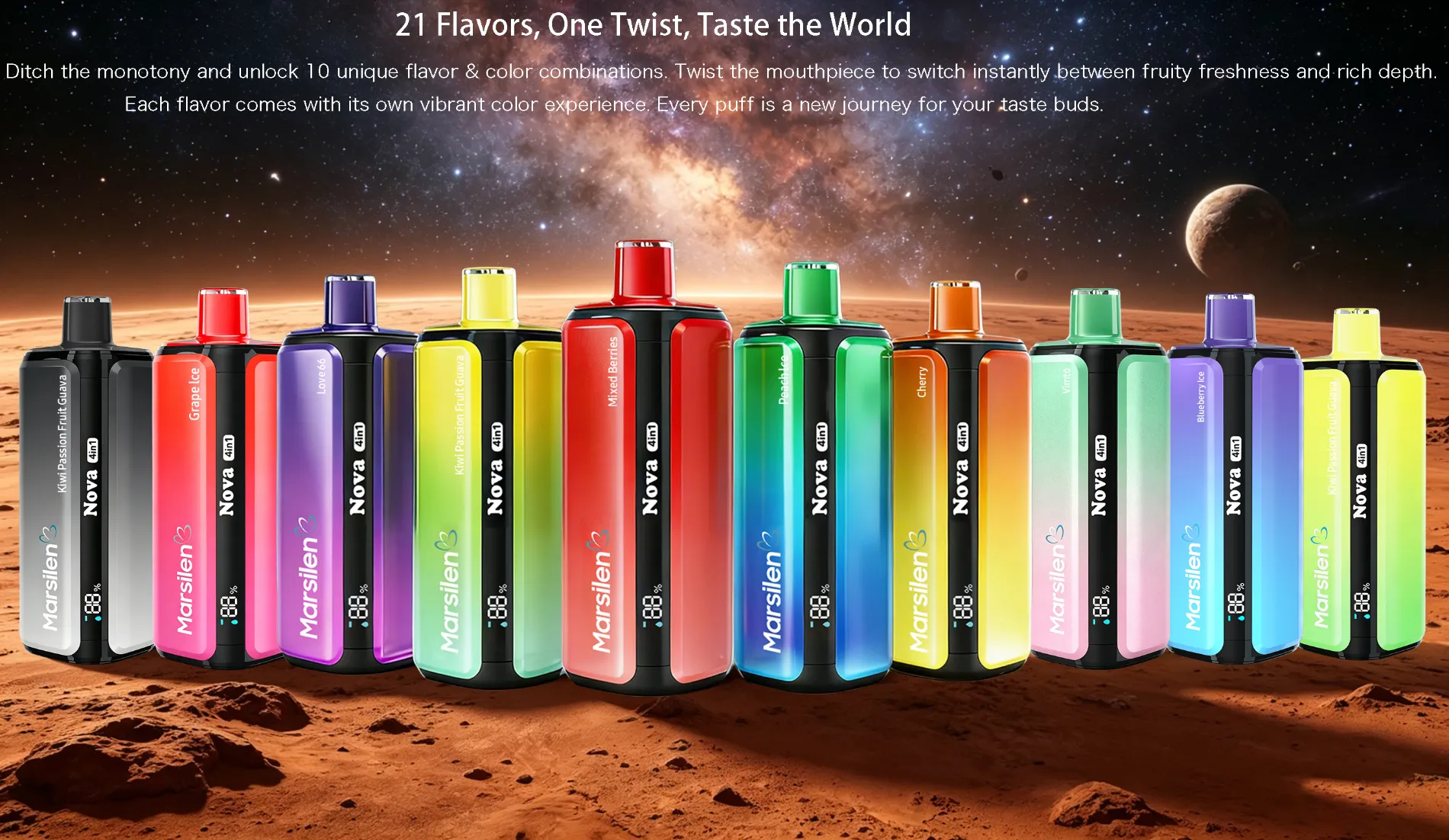 Marsilen 4-in-1 disposable vape collection with 10 color options 21 Flavors