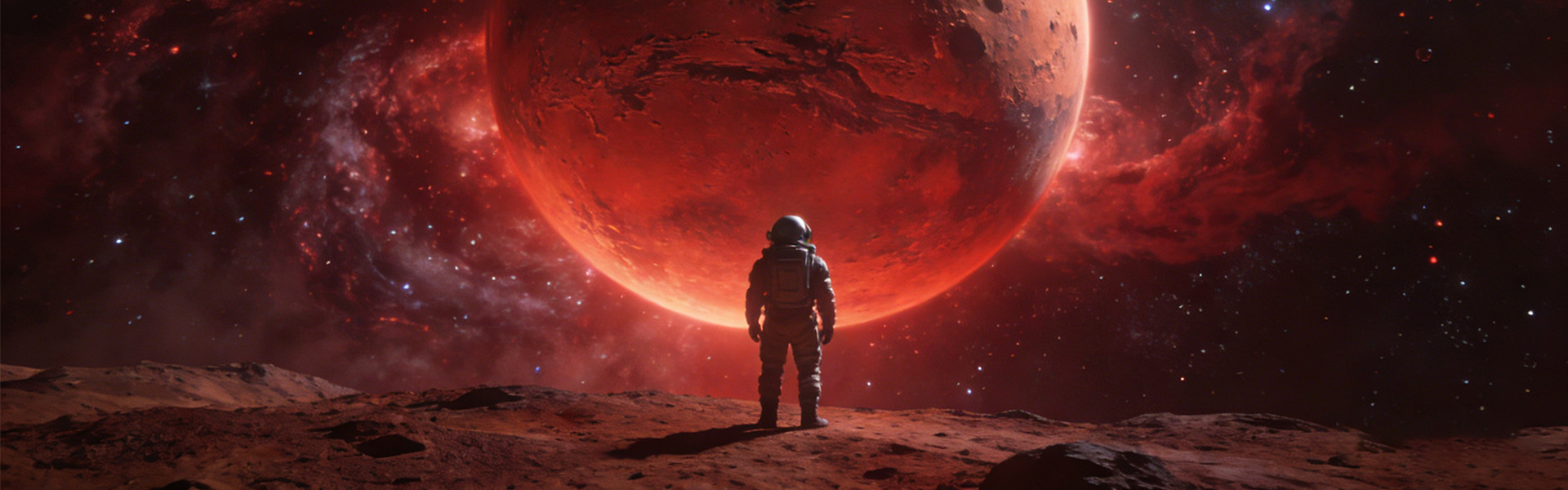Astronaut gazes at red planet.