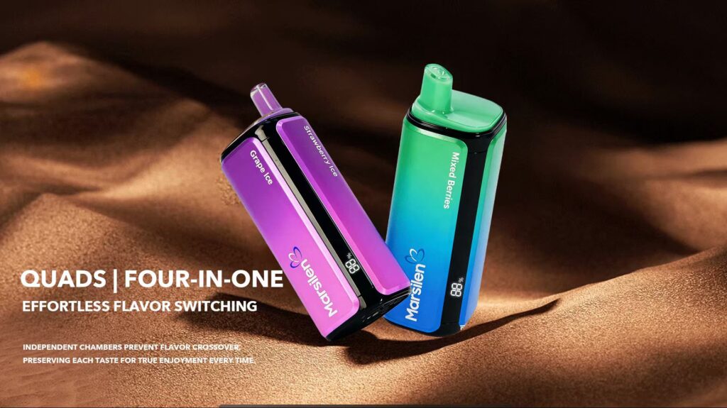 The image shows two vaping devices, one purple labeled "Grape Ice" and the other green labeled "Mixed Berries," with text highlighting their four-in-one flavor switching feature.