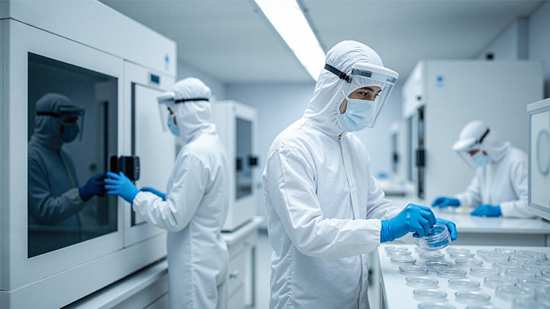 Scientists in cleanroom suits working
