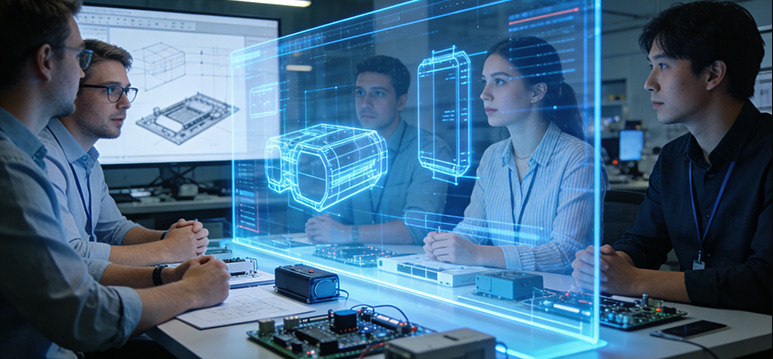 Engineers reviewing holographic design