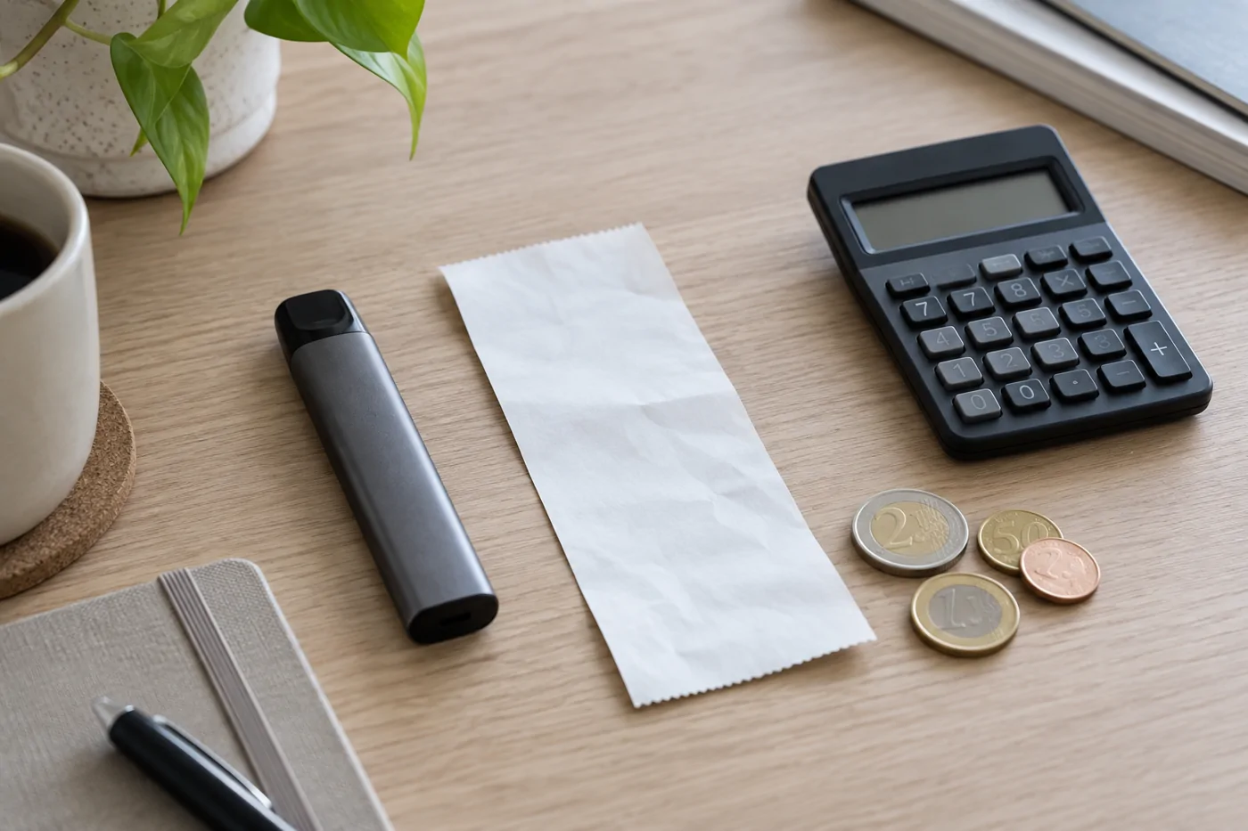 Vape device with calculator and coins for cost comparison