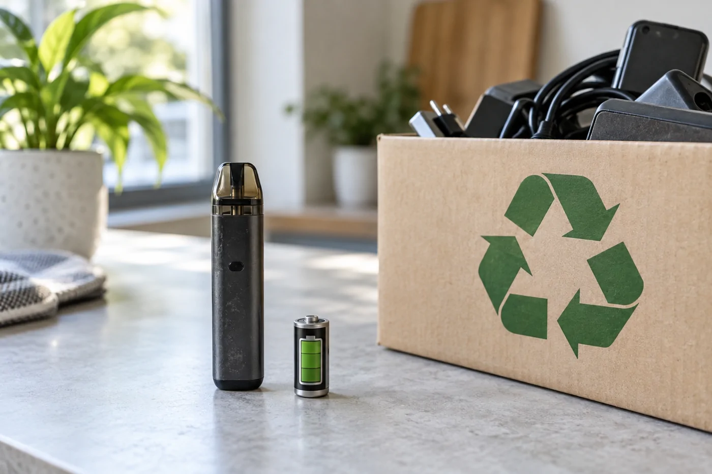 Used rechargeable vape device near electronics recycling container