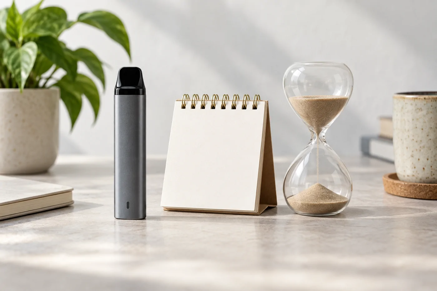 Vape device beside a blank calendar and hourglass