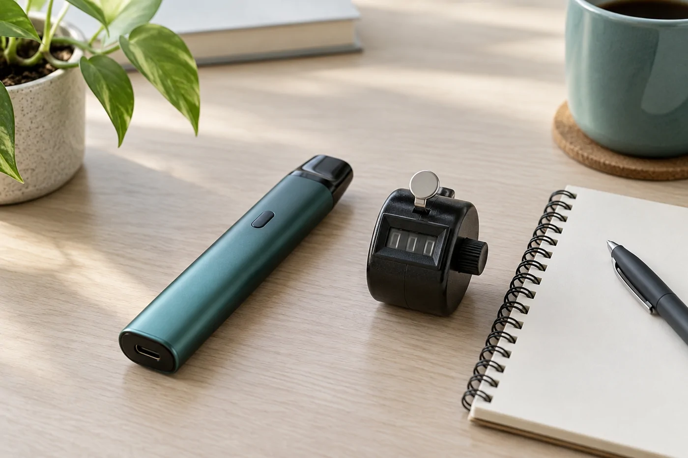 Unbranded vape device beside a tally counter and notebook