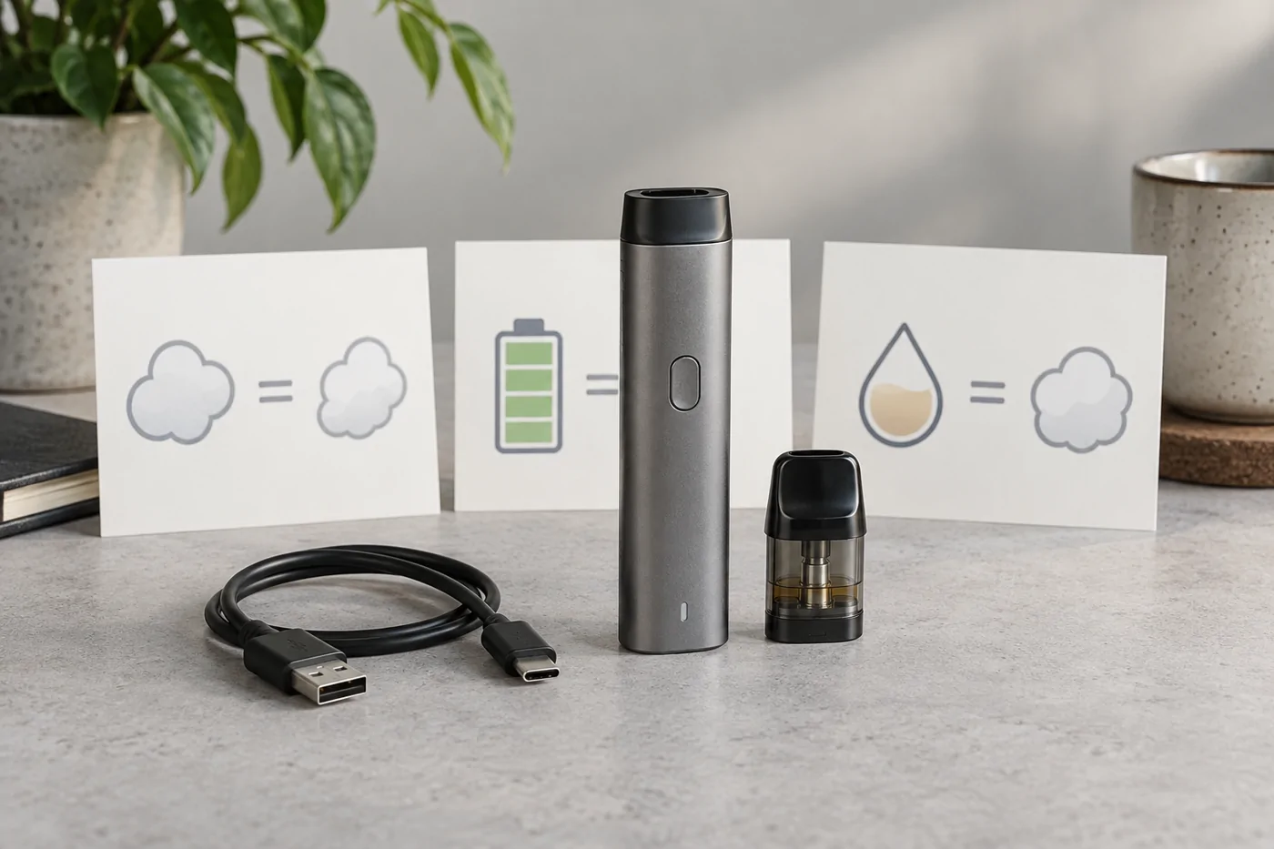 Rechargeable vape device with pod and charging cable