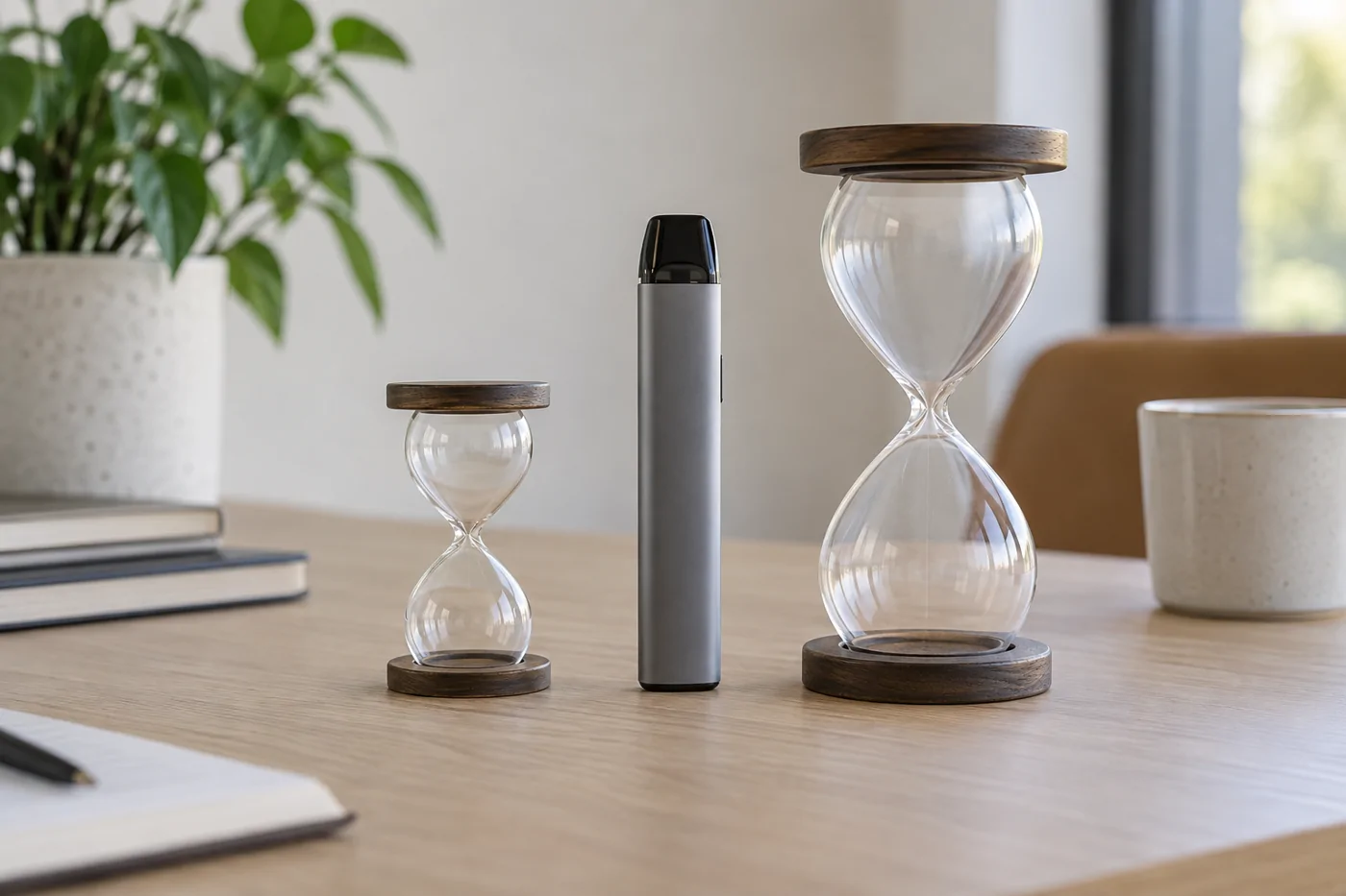 Vape device with hourglasses illustrating variable draw duration