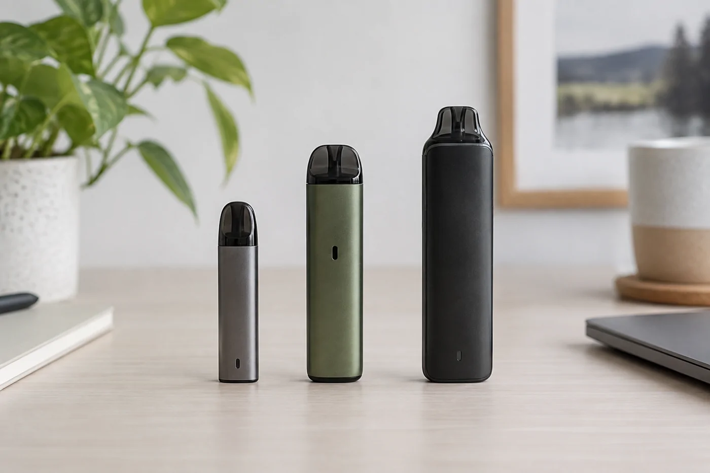 Three unbranded vape device sizes for puff rating comparison