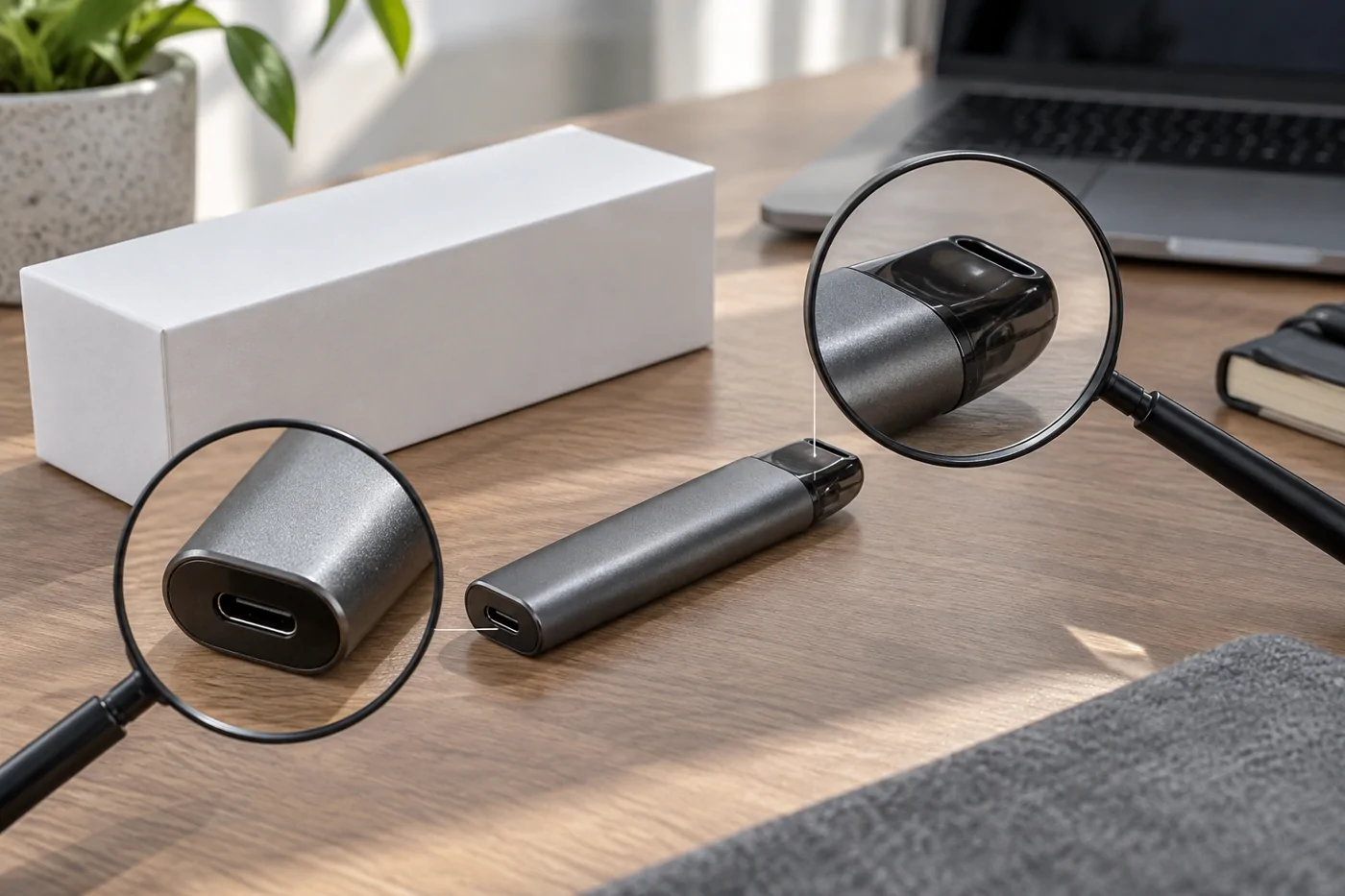 Vape device details examined with a magnifying glass