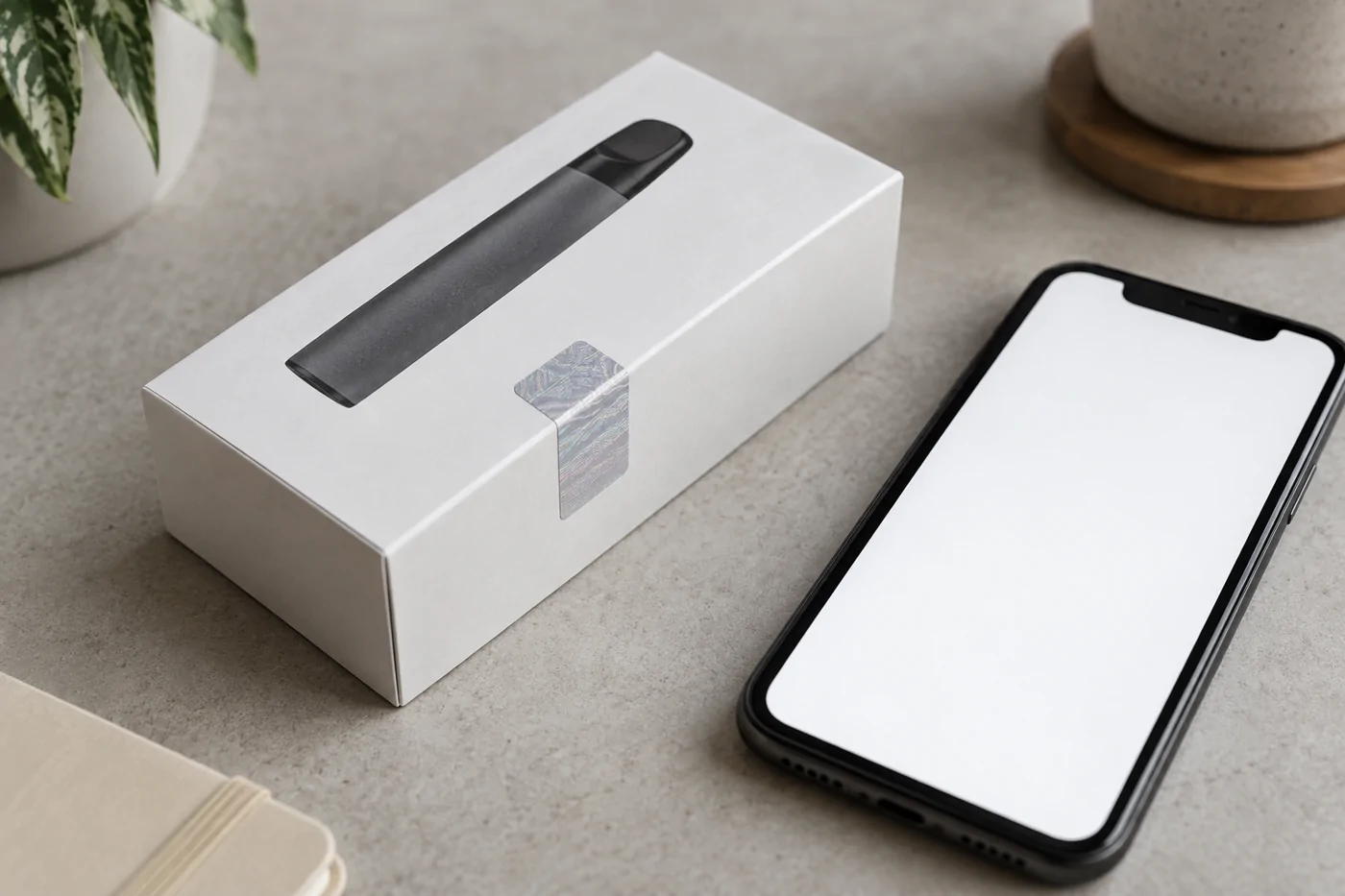Unbranded package with security seal and blank smartphone screen