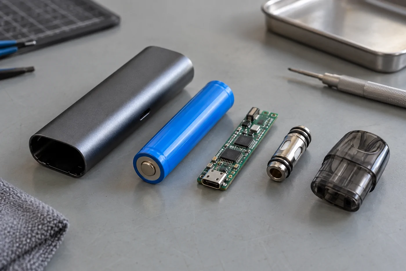 Separated battery, coil and circuit board components of a vape device
