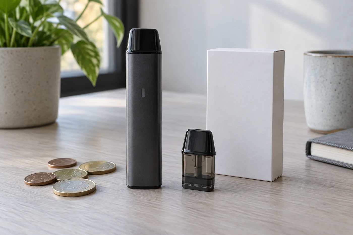 Reusable vape device with replacement pod and coins