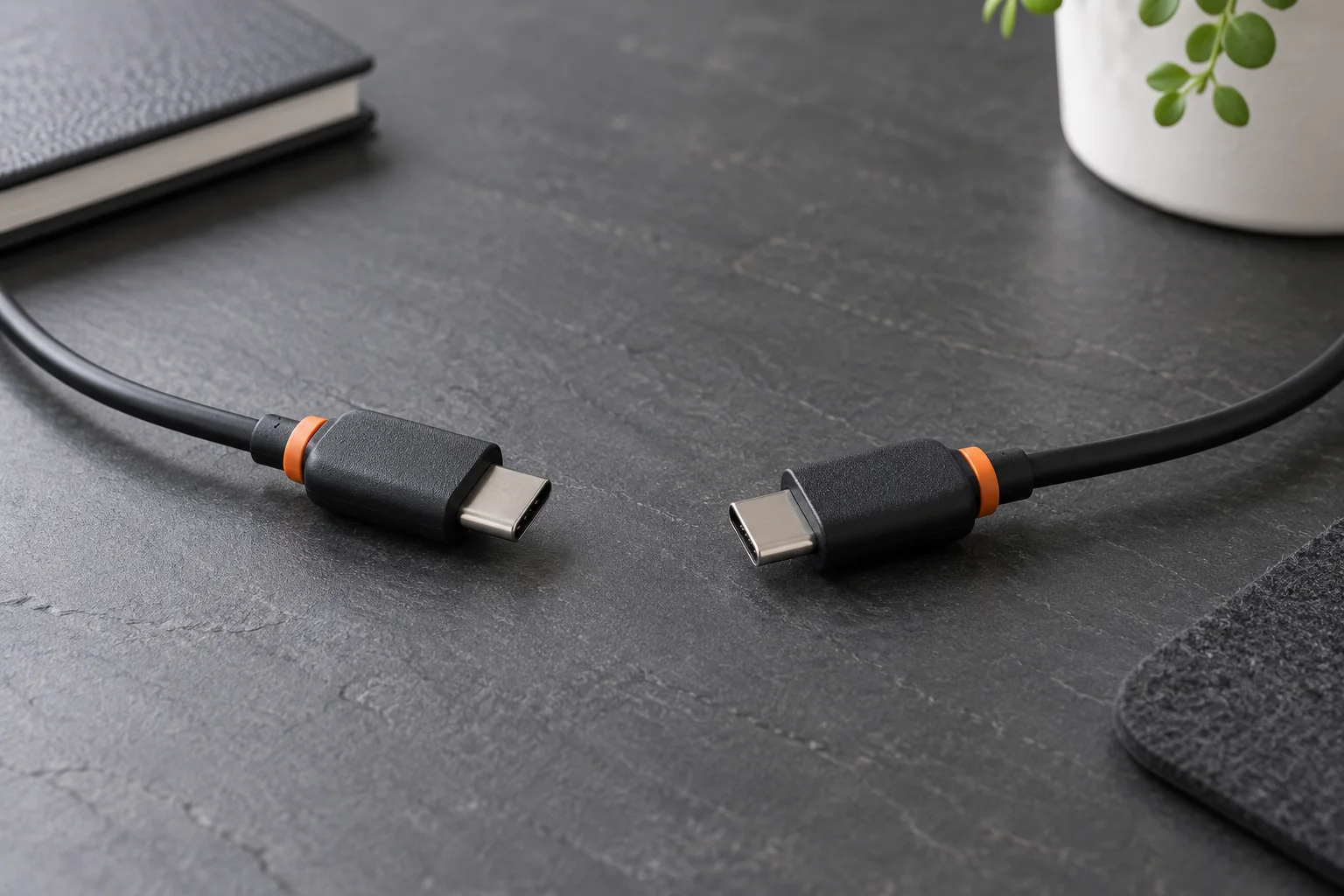 Illustration: Disconnected USB-C cable resting on a clear slate surface