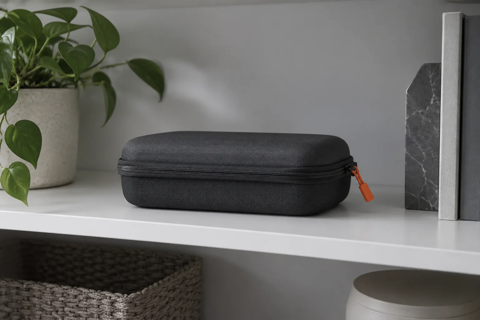 Illustration: Closed protective case on a shaded indoor shelf