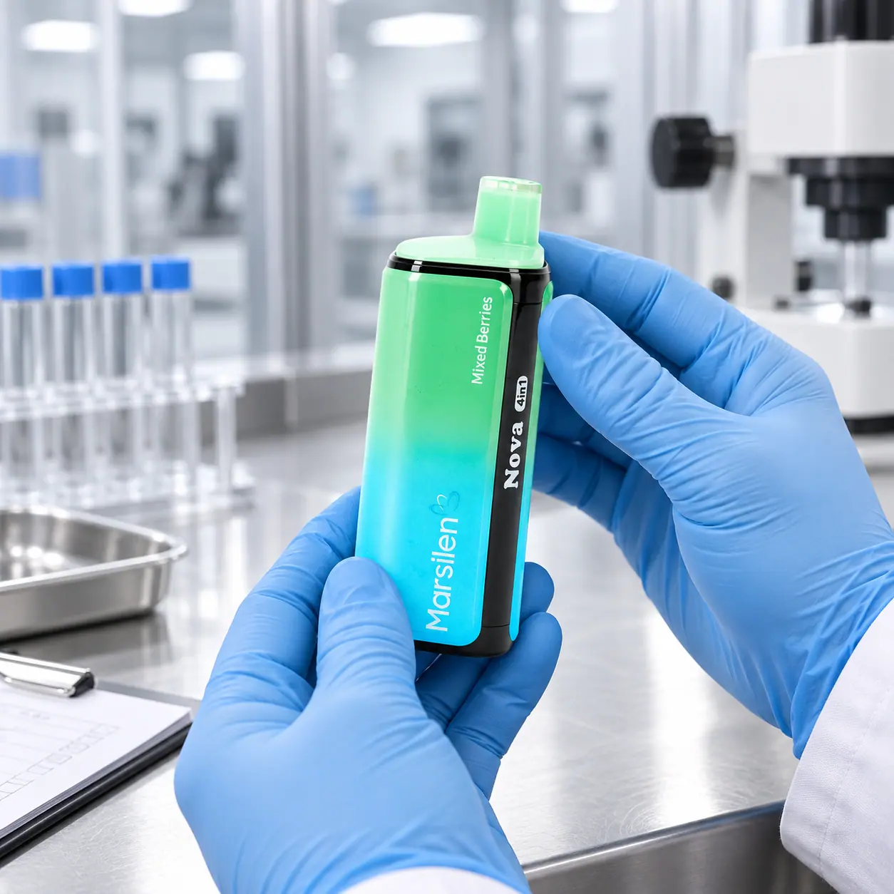NOVA 4-in-1 Mixed Berries unit held in gloved hands during a lab quality check