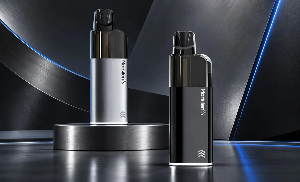 Marsilen pod device pair in silver and black on a dark studio stage