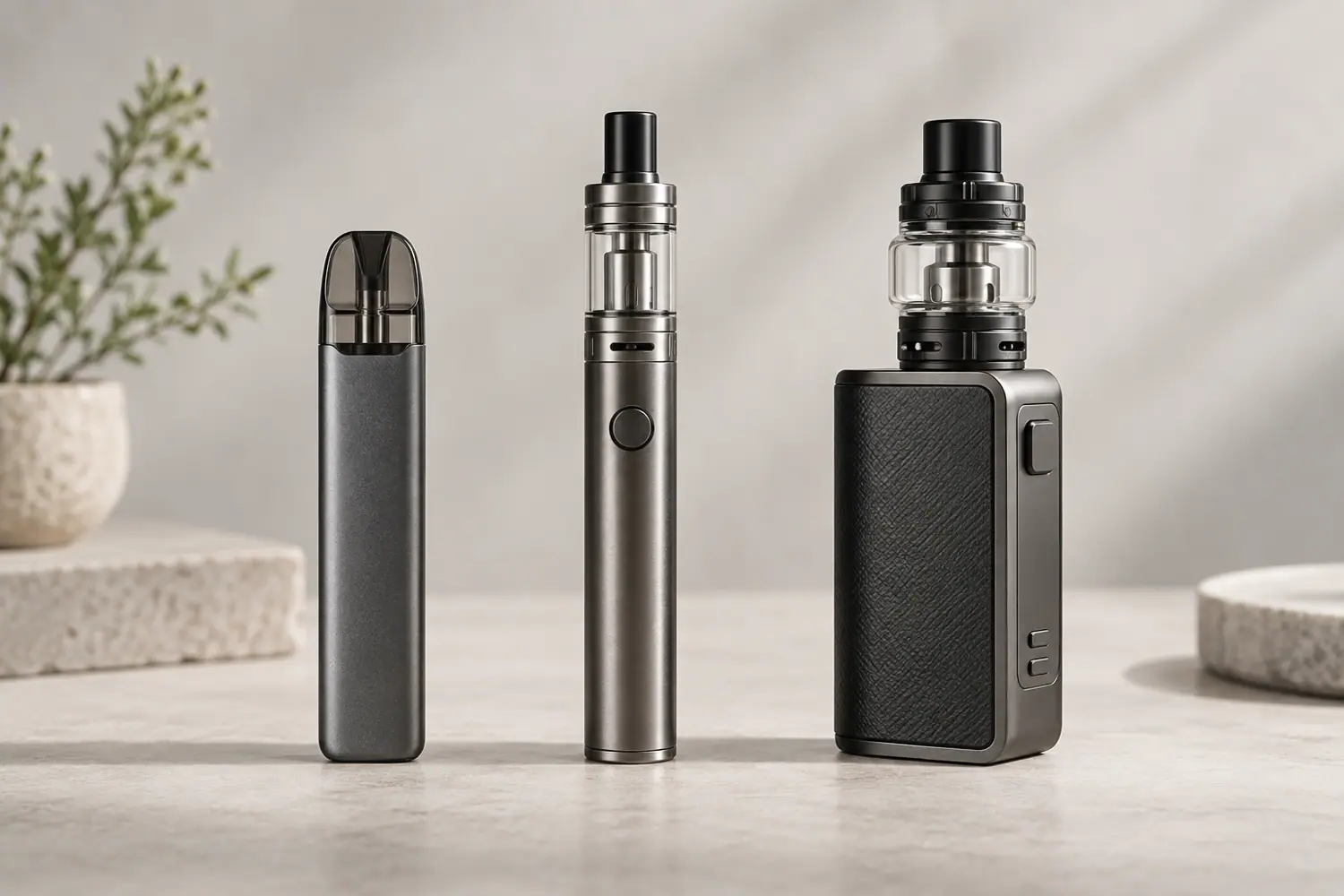Pod, pen and DTL vape device formats side by side