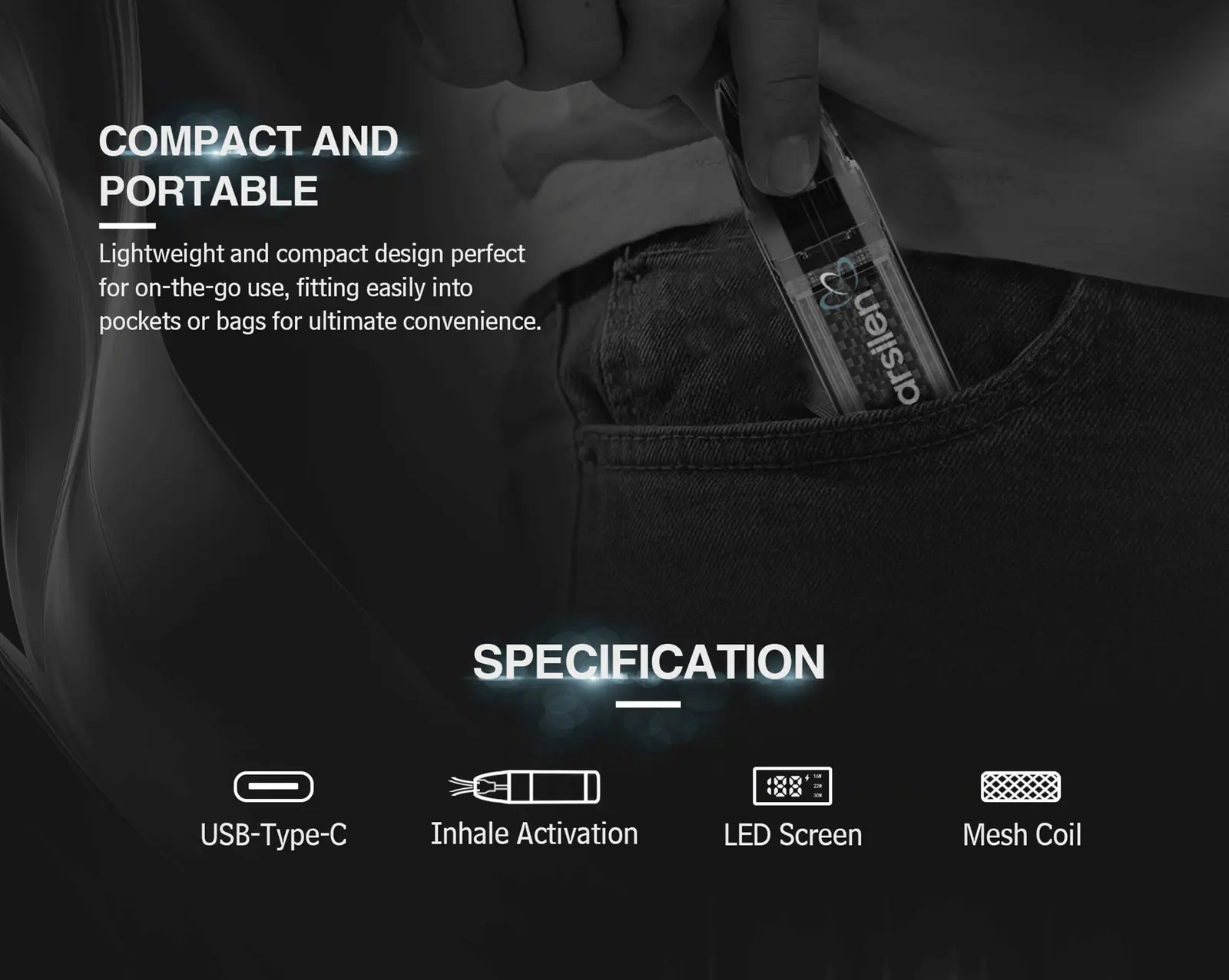 Compact MARS NEXUS PRO device shown fitting into a pocket with Type-C, inhale activation, LED screen and mesh coil icons