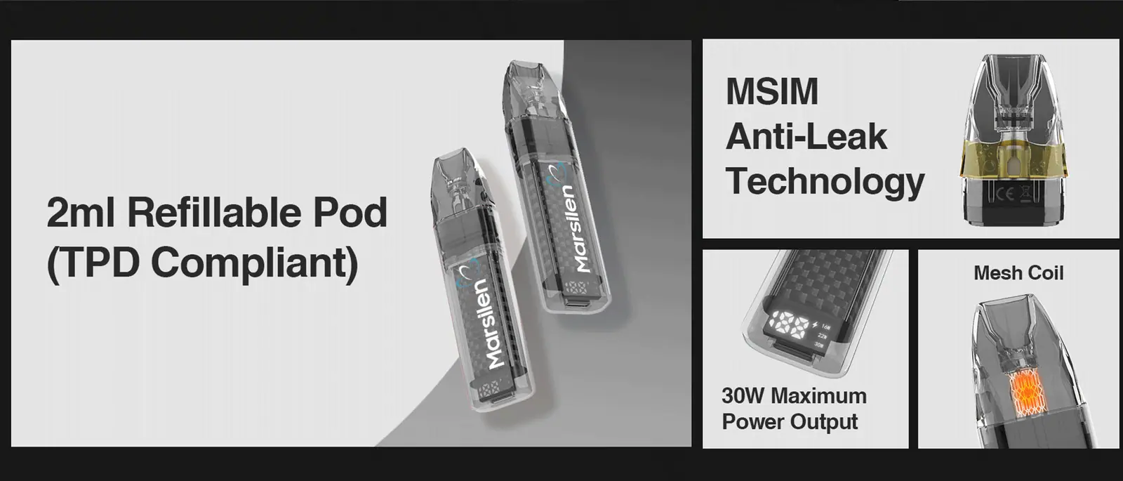 MARS NEXUS PRO highlights showing 2mL refillable pod, MSIM anti-leak technology, 30W maximum output and mesh coil
