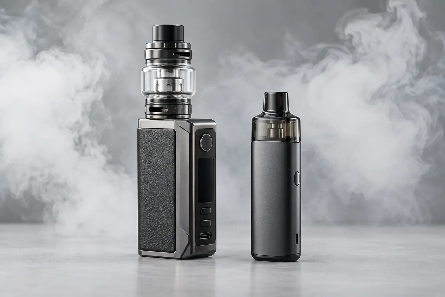 Unbranded DTL vape devices with restrained aerosol in a studio setting